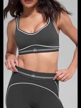 ALO Yoga Airbrush Heart Throb Bra and 7/8 Leggings Set in Anthracite White Trim